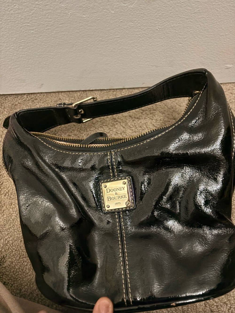Dooney & Bourke Black Patent Leather Shoulder Bag with Gold Hardware